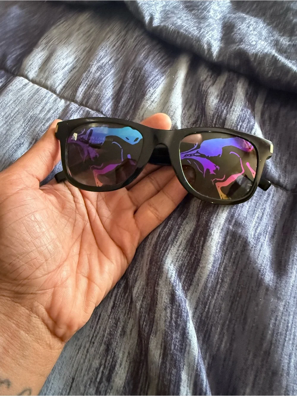 Saint Laurent Black Frame Sunglasses with Purple Mirrored Lenses